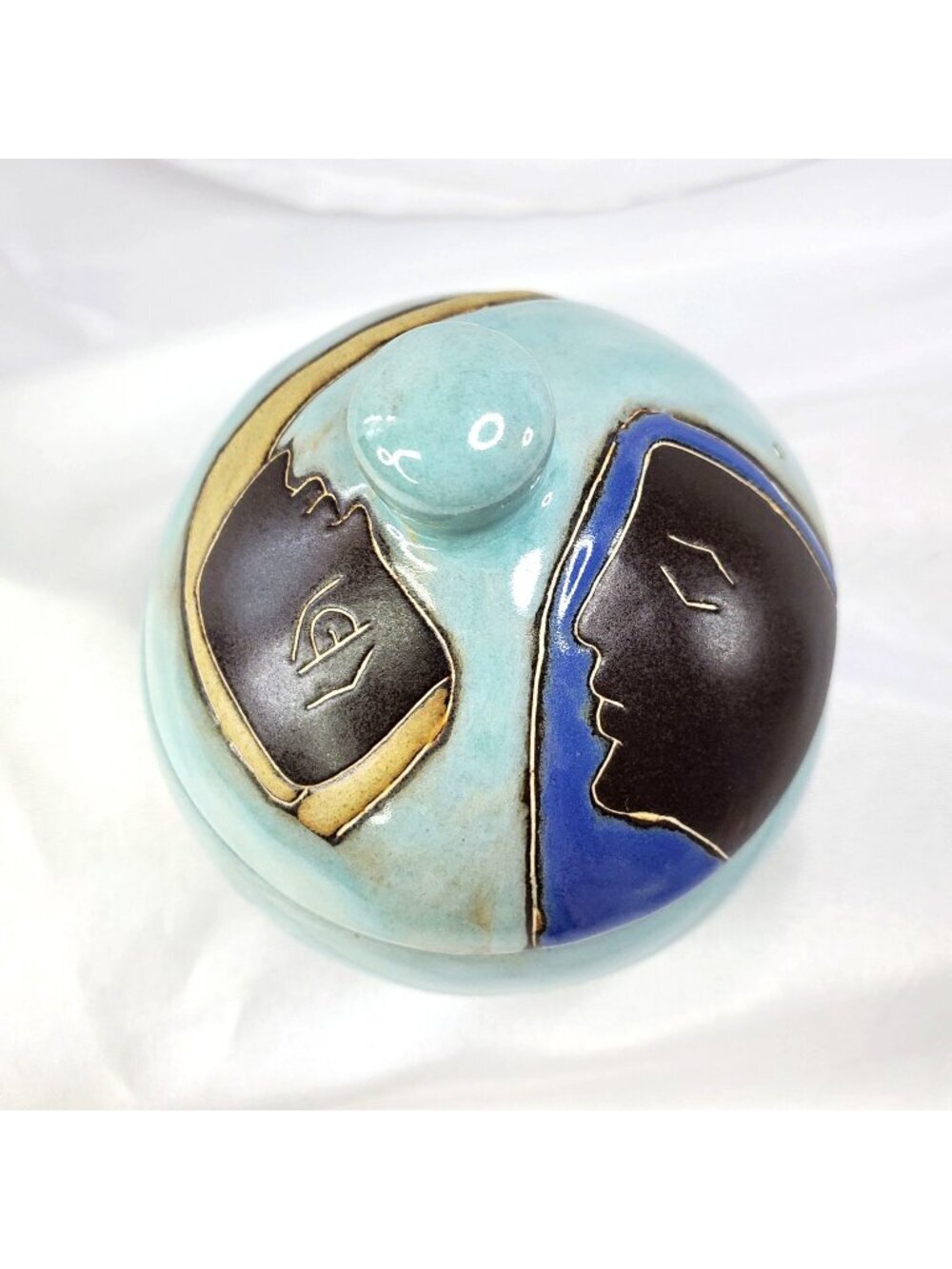 Mara Signed Mex Lidded Sugar Bowl Two Faces Abstract Stoneware Pottery Mexico